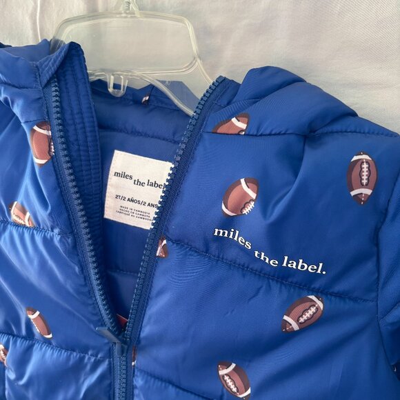 🆕 miles the label boys football puffer jacket with hood, blue, 2T - NWT - Picture 2 of 2